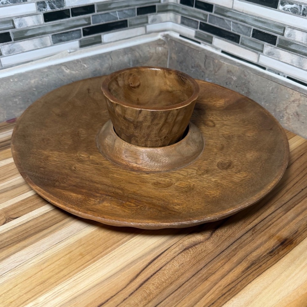 Katie Brown Wooden Chip & Dip Serving Tray Removable Bowl 13\.75" Rustic Wood‎